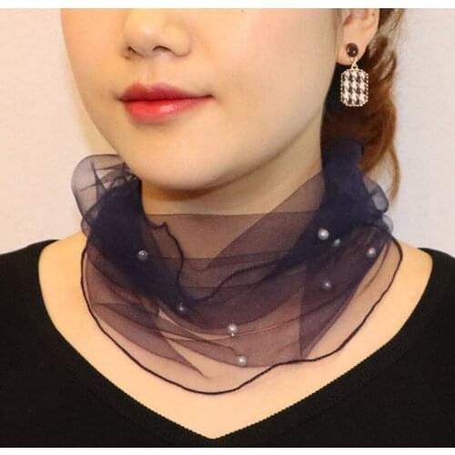 1pc Elegant Transparent Women Ladies Scarf Fake Pearl Decor Mesh Necklace Scarf Circle Scarf For Autumn Clothing Accessories