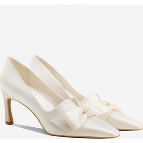 2021 spring new silk banquet dress shoes large size white bridal wedding shoes stiletto heel pointed shallow mouth womens shoes