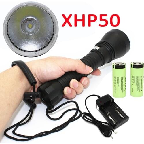 2500LM XHP50 LED Diving Flashlight White Light Scuba Dive Torch Underwater Waterproof Lamp Lantern+ 26650 Battery + Charger