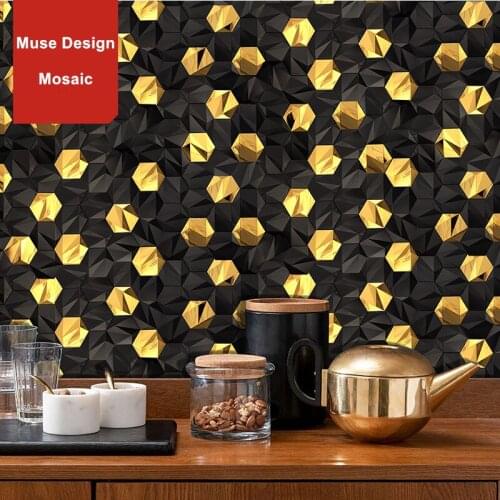 3D Luxury Hexagonal Gold Black Stainless Steel Metal Mosaic Tiles, Bar Living Room Toilet KTV Background Decorative Wall