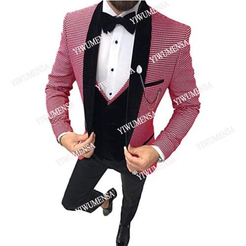 Black Lapel Houndstooth Jacket+Vest+Pants Slim Fit Tuxedos Blazers Tailor-Made Suits For Wedding 3 Pieces Ropa Hombre Ternos