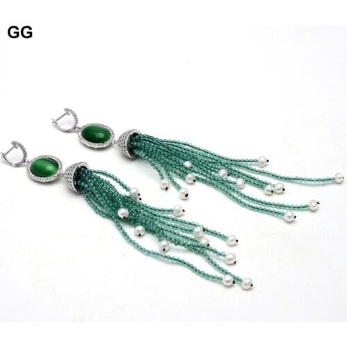 GG Jewelry Natural Cultured White Pearl Green Jade Crystal CZ Stud Earrings CZ Fitting For Women Girl Gifts