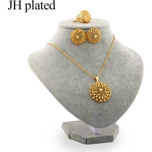 JHplated African Fashion gold color jewelry sets women best gifts Party wedding Necklace Earrings ring sets 45cm Pendant Gift
