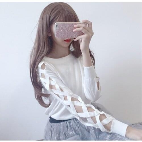 YouGeMan Fashion Tee Shirt Woman Clothes Korean Style Harajuku Personality Cross Hollow Solid Sleeve T-shirt Women Basic Tshirt