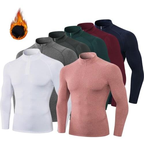 Mens High Elastic Sports Running Training Shirts Autumn Winter Plus Velvet Thermal Underwear Warm Stand Collar Fitness Clothing