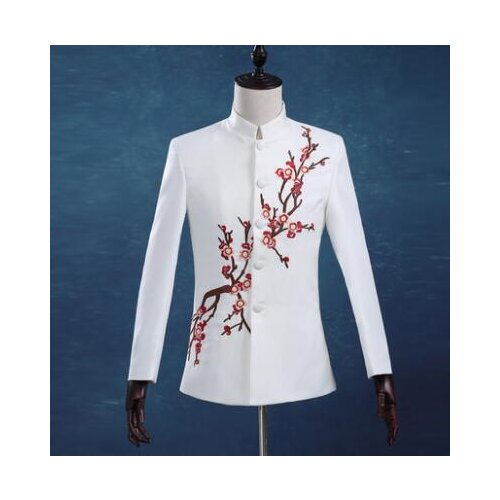 Singer stand collar stage embroidered clothing men groom suit set with pants 2020 mens wedding suits costume formal dress tie