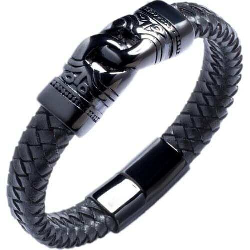 Trendy Male Wrist Band Stainless Steel Braided Leather Bracelet Men Jewelry Handshake Steel Vintage Leather Bangle Gifts 817