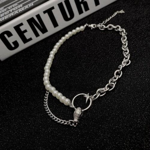 Origin Summer Unique Design Asymmetric Snake Head Pearl Pendant Necklace for Women Temperament Chunky Chain Necklace Jewelry