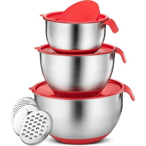 Tainless Steel Non Slip Mixing Bowls with Silicone Base, Airtight Lids and Grater Attachments with Grater, Salad Mixer (Red)