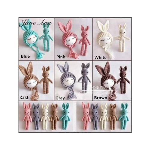 Jane Z Ann Newborn photography props knitting rabbit hat+doll 2pcs handmade cotton yarn studio shooting photography shower gift