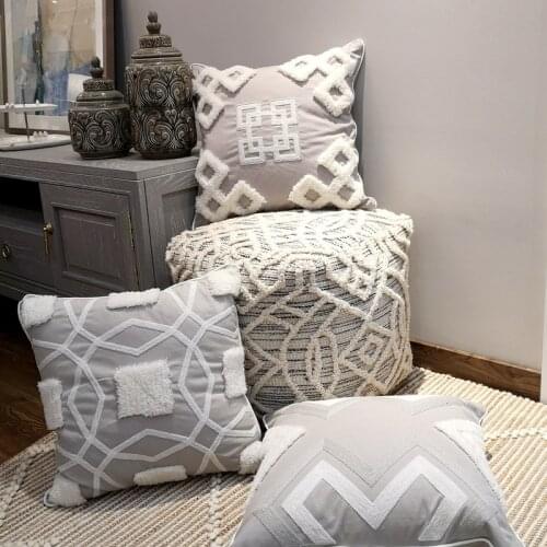 Luxury Grey Cushion Cover Pillow Case Wool Handmade For Sofa Seat Moroccan Style Home Decorative Canvas Fringe 45x45cm Zip Open