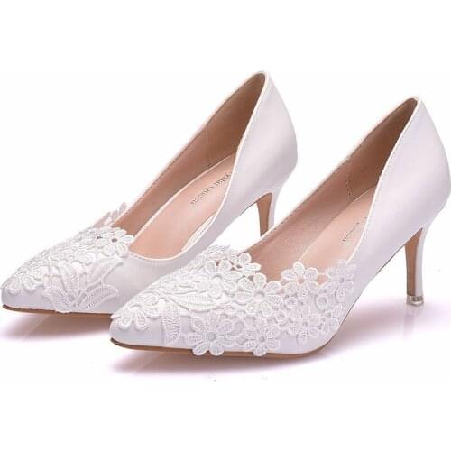 Womens Thin High Heels Sexy women pumps wedding Party banquet Lace PU Slip On 7.5CM Pointed Toe women shoes size 35-42 white