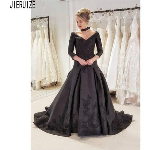 JIERUIZE Vintage Black Wedding Dresses V Neck 3/4 Sleeves Backless Lace Appliques Satin Bridal Dresses vestido de noiva