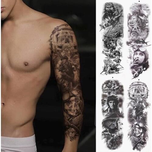 3D Air Force Soldier Full Arm Temporary Tattoos Sticker For Men Women Adult War Ship Compass Fake Tattoo Sleeve Tatoos Thigh