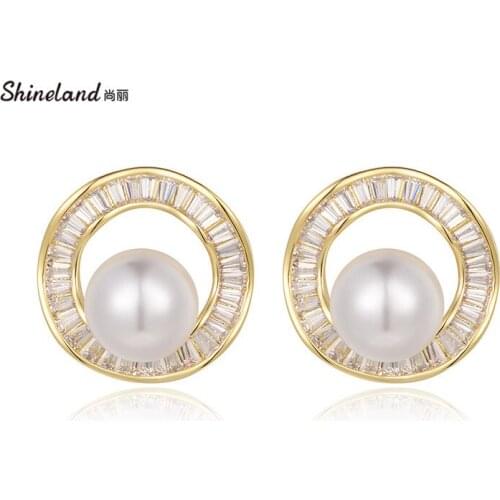 Shineland Mothers Day Gift Elegant Round Imitation Pearl Stud Earrings Crystal High Quality Geometric Fashion Exquisite Jewelry