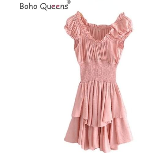 Boho Queens women solid off shoulder Bohemian cotton mini dress Ladies off shoulder botton Boho vestidos