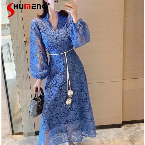 Elegant Pullover Long Sleeve Lace Stitching Long Dresses Women 2021 Summer High Waist Hollow-out V-Neck Dress Female with Belt
