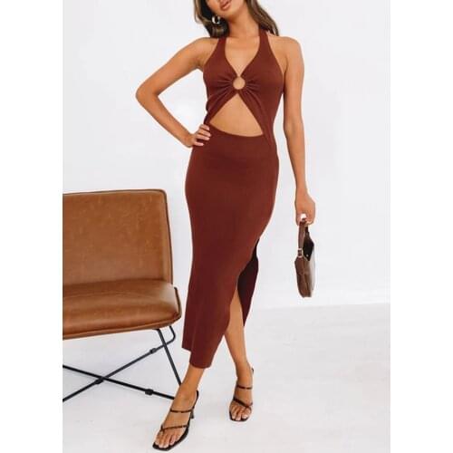 Women Summer Dress, Sleeveless Neck-Hanging Wrapped Hollow Out Slimming Summer Long Solid Color Midi