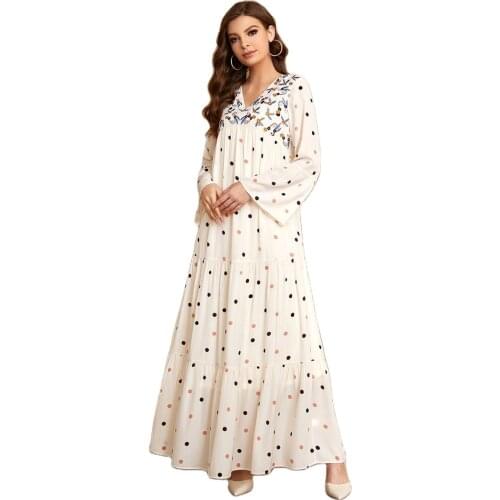 Large Womens V-Neck Long Sleeve Fashion Dot Print Multi Layer Pleated Muslim Swing Dress Hijab Abaya Dubai Mc2073