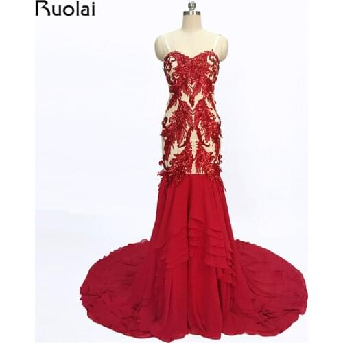 2019 Red Phoenix Beading Sexy Sweetheart Straps Mermaid Evening Dresses Tulle Chiffon Prom Dress Party Gown Rode de Soiree FE13
