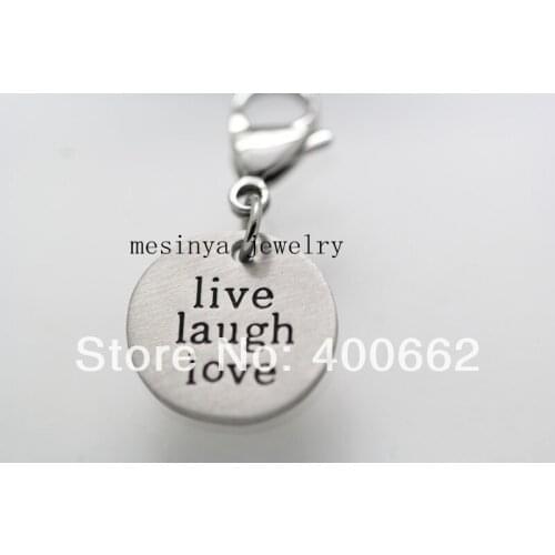200pcs s.steel thick live laugh love dangle charms slide into spring clasp for floating locket , glass locket not included