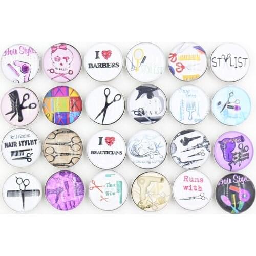 24pcs Wholesale Snap Jewelry 18mm Cabochon Glass Printed Hair Stylist Scissors Buttons for women Snap Bracelet Necklace Earrings