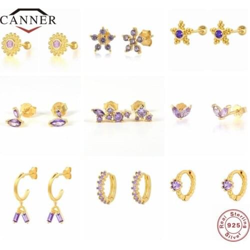 CANNER Small Purple Zircon Crystal 925 Sterling Silver Stud Earrings for Women Piercing Earring Gift Jewelry Pendients Plata 925