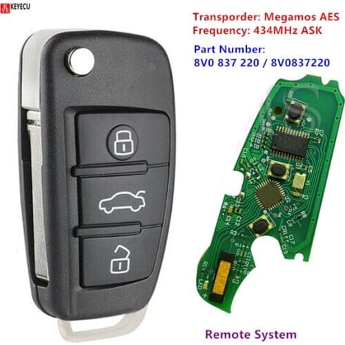 Keyecu 3 Button Remote Car Key 433MHz Fob for Audi A3 S3 2012-2015 with Megamos AES CHIP 8V0 837 220 Remote System