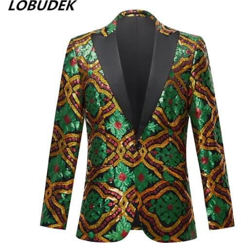 European Style Vintage Blazers Mens Golden Green Sequins Embroidery One Button Tuxedo Suit Jacket Singer Host Stage Costume