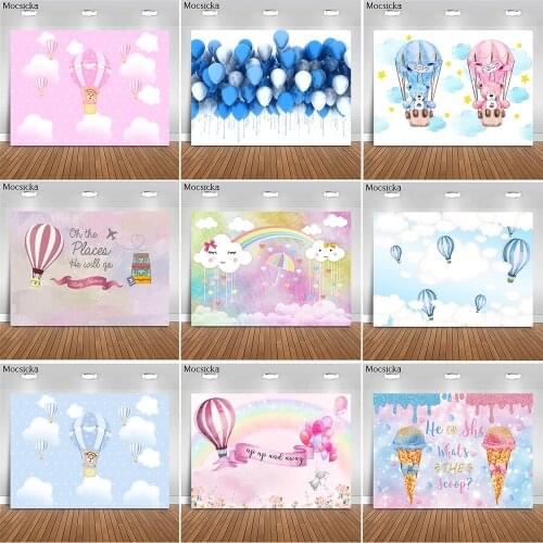 MOCSICKA Birthday Backdrop Blue Sky White Clouds Hot Air Balloons Stars Kid Newborn Photocall Baby Shower Photography Background