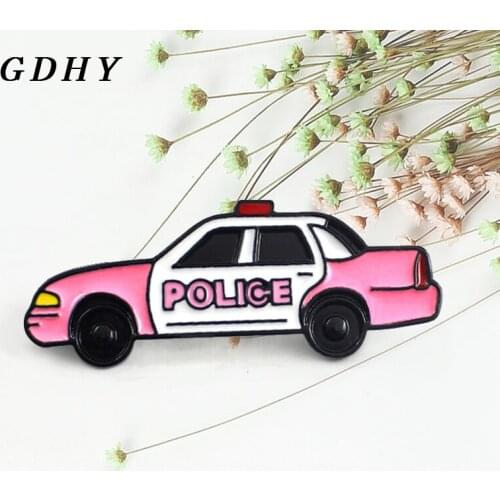 GDHY Cartoon "POLICE" Pink Police Car Brooch Car Trolley Lovely For Kids Enamel Pins Backpack Bag Clothes Button Badge Gifts