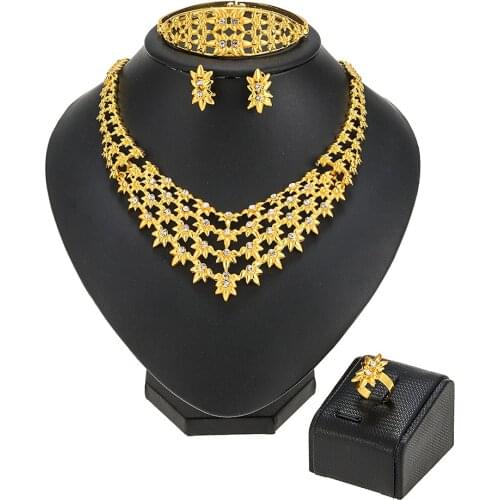 Exquisite Dubai Gold Fashion Bridal Wedding Earrings Ring Jewelry Sets Indian Jewelry Set Bracelet for Women African Necklace
