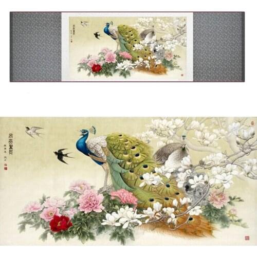 Chinese traditional art painting birds in the water silk scroll painting peacock painting Chinese wash painting
