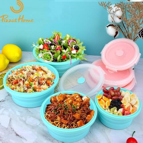 PizzAtHome Silicone Foldable Lunch Box 4 Pieces Set Bento Microwave Safe Bowl Portable Camping Food Storage Container PP Cover