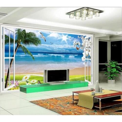 Mural papel de parede 3D large mural wallpaper window beach sea palm hut holiday backdrop custom photo papel de parede 3d