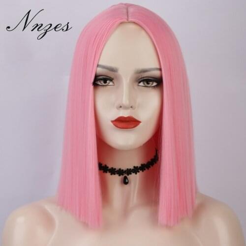 NNZES 14 Inch New Design Synthetic Wig Pink Color Middle Part Straight Short Bob Wig for White/Black Women Cosplay Wig
