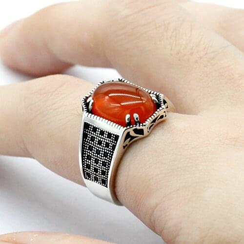 New natural stone ring 925 sterling silver red agate stone vice stone spinel antique holding lucky ring women men Turkis