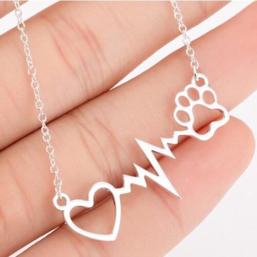 Hollow Pet Paw Footprint Necklaces Stainless Steel Cute Animal Dog Cat Love Heart Heartbeat Pendant For Women Girls Jewelry