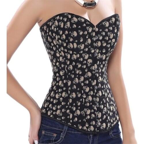 Sexy Overbust Corset Women Black Skull Lingerie Bustier Top Stage Performance Burlesque Costumes Body Shaper Slimming Corset