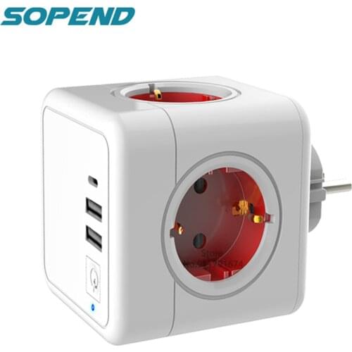Sopend Smart Power Strip Powercube USB with Switch+Type-C Ports EU Plug Tee Socket 220 Thief Wall Outlet Travel Adapter for Home