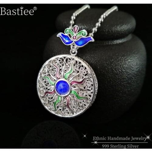 Sun Round 999 Sterling Silver Pendant Men Chakra Necklace Women Handmade Cloisonne Enamel Jewelry Luxury Pendants Steampunk