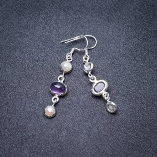 Natural Amethyst and River Pearl Handmade Unique 925 Sterling Silver Earrings 2" Y3632
