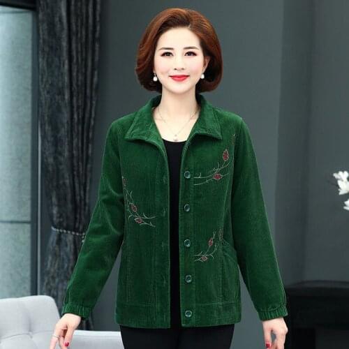 Women 2021 Spring Autumn New Floral Embroidered Jackets Female Large Size Loose Overcoats Ladies Long Sleeve Corduroy Coats W285