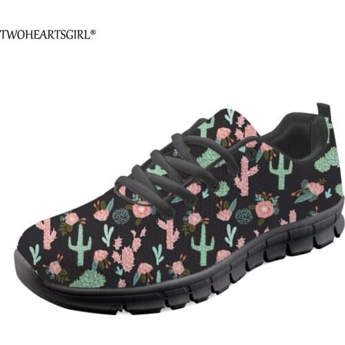Twoheartsgirl Cool Cactus Printed Sneakers for Women Casual Female Ladies Lace Up Flats Personalized Breathable Women Mesh Shoes