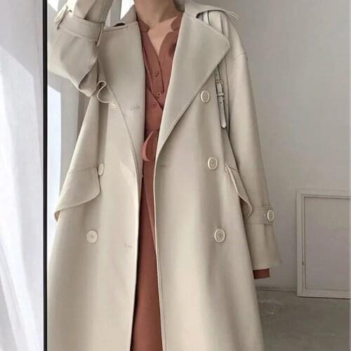 Korean Elegant Mid-length Apricot Light Blue Windbreaker Plus Sashes Women Autumn Lapel Double Breasted Long Sleeve Trench Coat