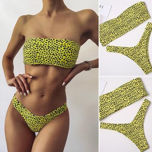 Womens Fluorescent Leopard Bikini Sexy Tube Top Swimsuit Yellow