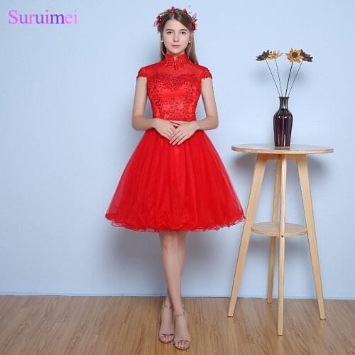 Vestidos De Festa Curto Para Formatura Round Neck Red Short Prom Dresses High Quality Tulle Vintage Key Hole Short Prom Gown