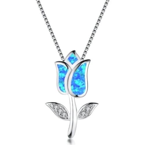 Rose Flower Plant Leaf Crystal Pendant Necklace Valentines Day Rose Necklace Blue Opal Necklaces for Women Fashion Boho Jewelry