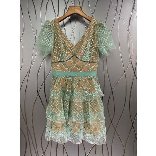 Sequined Dress 2021 Summer Party Events Women V-Neck Geometric Patterns Embroidery Cascading Ruffle Mesh Sexy Club Dress Green
