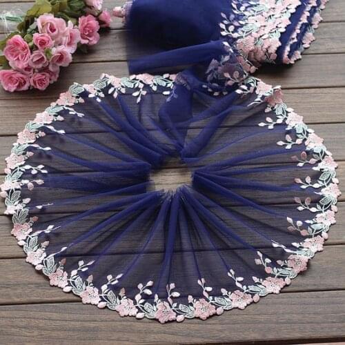 2 Yards Lace Trim Pink Floral Embroidered Blue Tulle Lace 8.66 Inches Wide High Quality